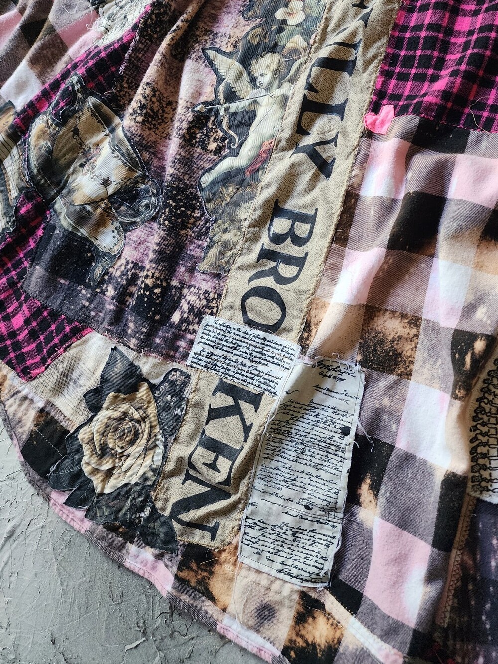 Designer Upcycled Kimono Duster Buttondown Flannel Top Artisan Cottage Appliqué - Picture 9 of 16